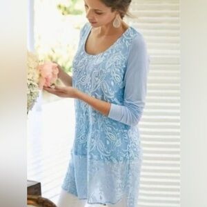 Soft Surroundings Adele Silk Viscose Tunic Top Blue 3/4 Sleeve Size Medium EUC